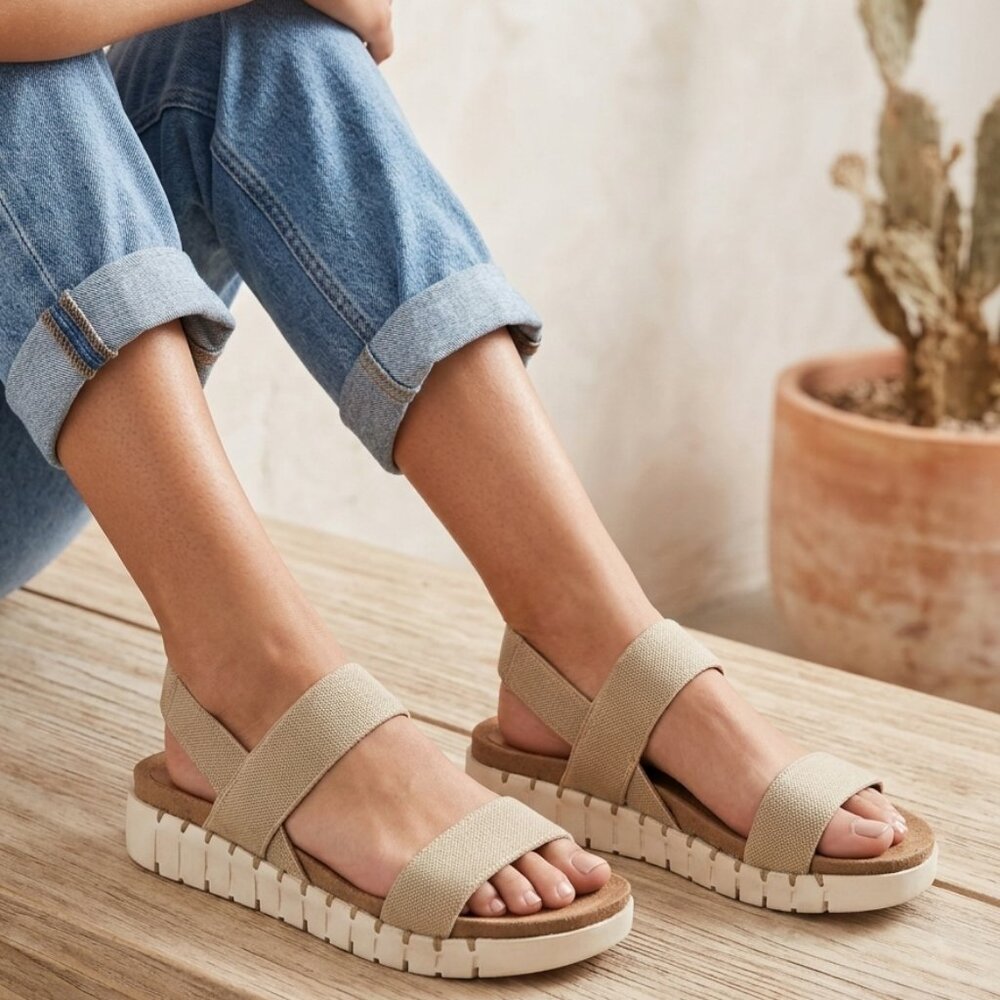 Style & Co Tan Elastic Strap Platform Sandals Comfort Wedge Size 7M